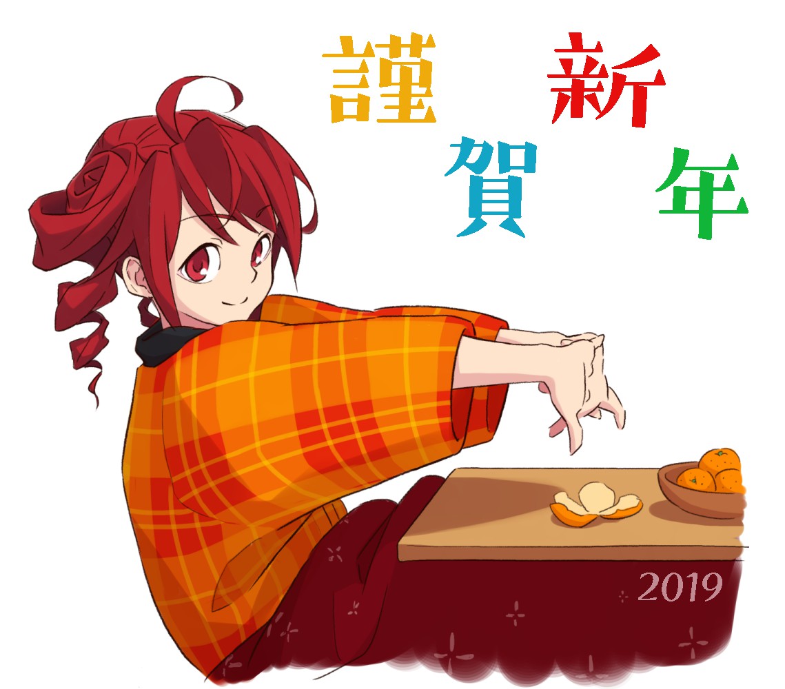 2019 ahoge anco8pizz commentary drill drill_hair fingers_together food from_side fruit happy_new_year japanese_clothes kasane_teto kimono kotatsu looking_at_viewer looking_to_the_side mandarin_orange new_year orange_kimono orange_peel plaid_kimono red_eyes redhead short_hair smile stretch table translated twin_drills upper_body utau white_background