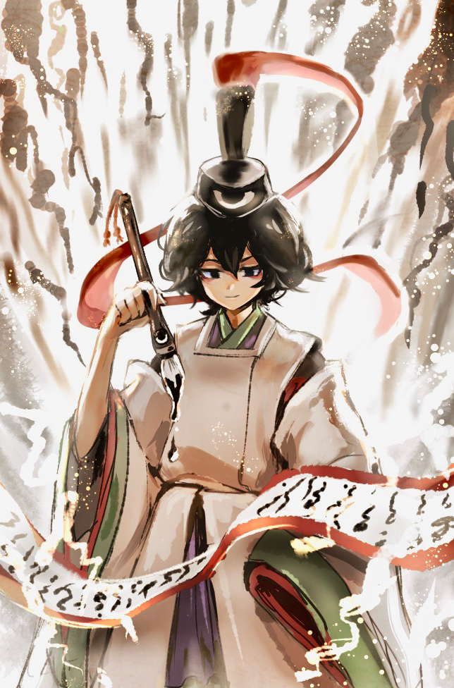 1other androgynous black_eyes black_hair brush calligraphy_brush hat holding_brush ink japanese_clothes kariginu len'en paintbrush scroll senri_tsurubami short_hair silver_yes_yes smile solo