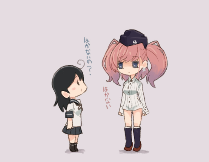 2girls ahoge atlanta_(kantai_collection) black_footwear black_hair black_legwear blue_sailor_collar blue_skirt boots breasts brown_hair commentary_request earrings full_body garrison_cap gloves grey_background grey_eyes hat jewelry kantai_collection kneehighs large_breasts long_hair long_sleeves multiple_girls no_pants otoufu partly_fingerless_gloves pleated_skirt sailor_collar school_uniform serafuku shirt simple_background skirt standing star star_earrings translation_request two_side_up ushio_(kantai_collection) white_shirt