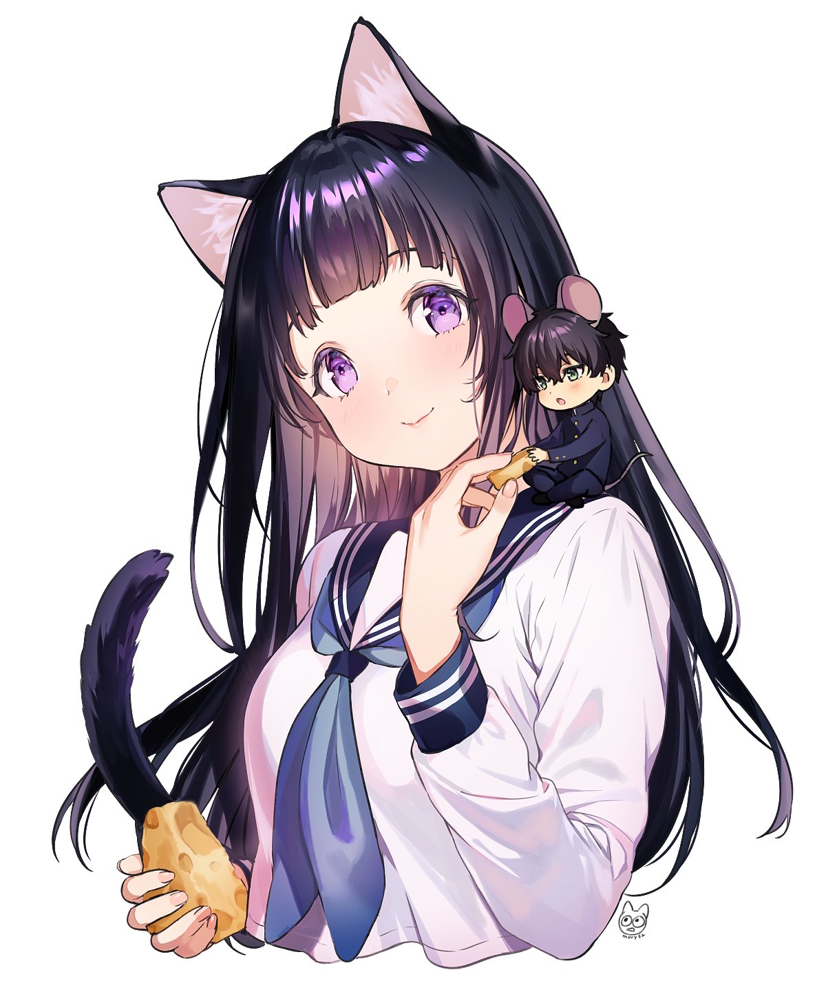 1boy 1girl animal_ears black_hair cat_ears cat_tail cheese chibi chitanda_eru cropped_torso food green_eyes highres holding hyouka kemonomimi_mode long_hair long_sleeves looking_at_viewer mery_(apfl0515) mouse_ears mouse_tail neckerchief oreki_houtarou sailor_collar sailor_shirt shirt simple_background smile tail violet_eyes white_background white_shirt