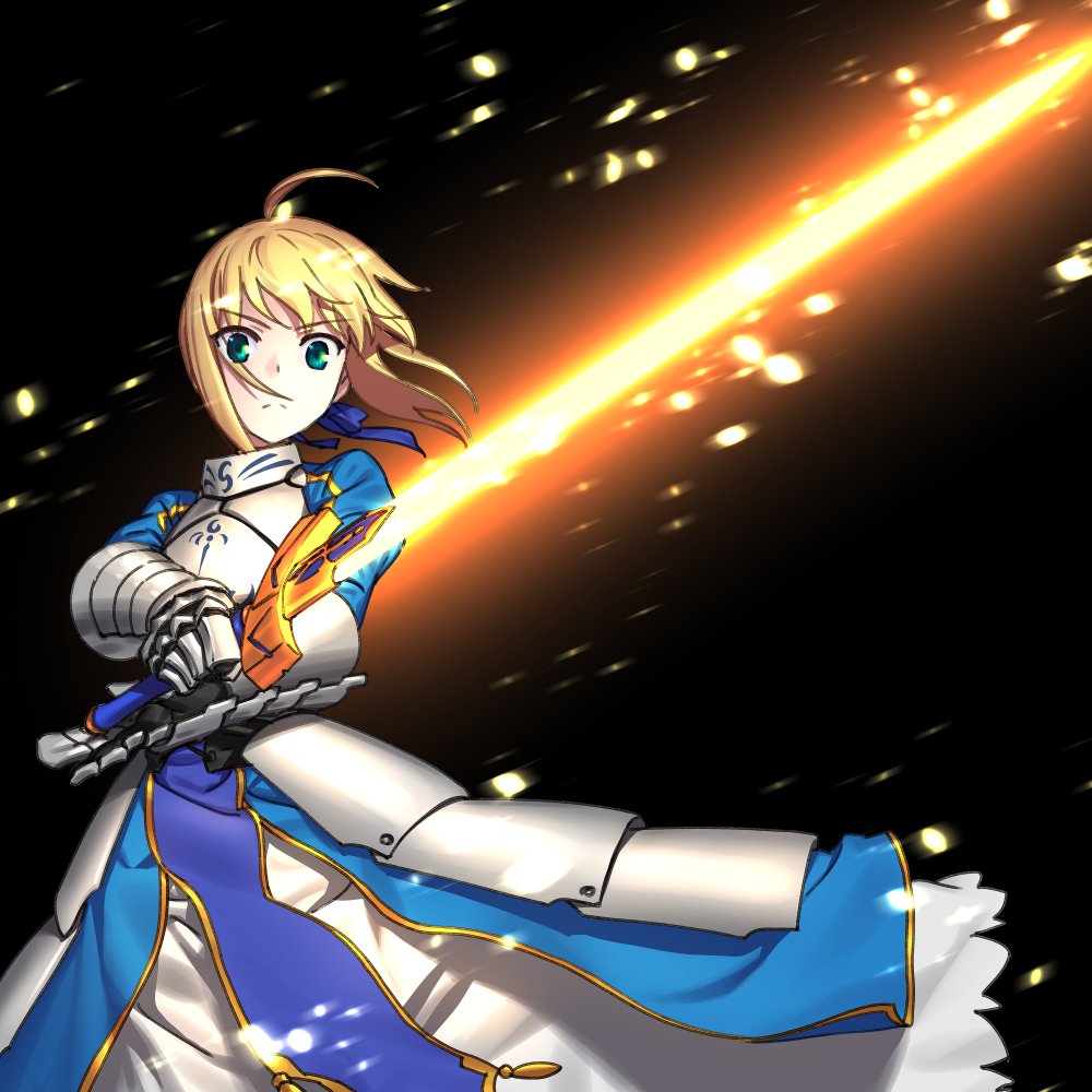 1girl ahoge armor armored_dress artoria_pendragon_(all) blonde_hair blue_dress blue_ribbon breastplate closed_mouth commentary dress excalibur fate/stay_night fate_(series) frown gauntlets gloves glowing glowing_sword glowing_weapon green_eyes grey_gloves hair_ribbon holding holding_sword holding_weapon ikezawa_shin long_dress long_sleeves looking_at_viewer ribbon saber short_hair solo standing sword weapon wind