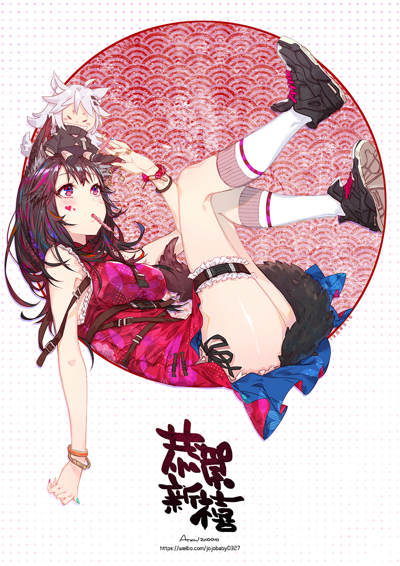 1girl a-ton ahoge alternate_costume animal_ears aqua_nails arknights ass bangs bare_arms bare_shoulders belt black_belt black_footwear black_hair blush bracelet breasts character_doll chinese_commentary circle commentary dress facial_mark hand_up heart jewelry kneehighs lappland_(arknights) leg_garter legs_up long_hair looking_up lying medium_breasts mouth_hold multicolored_hair nail_art nail_polish on_back pink_dress pink_eyes pink_hair pink_nails ring shoes short_dress silver_hair sneakers solo streaked_hair tail texas_(arknights) thighs translation_request white_background white_legwear wolf_ears wolf_tail