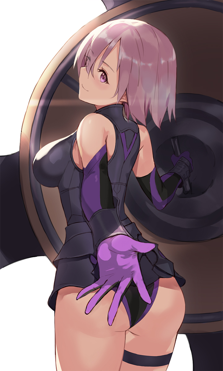 1girl armor armored_dress ass bare_shoulders black_leotard blush breasts closed_mouth elbow_gloves fate/grand_order fate_(series) gloves hair_over_one_eye highres large_breasts lavender_hair leotard looking_at_viewer looking_back mash_kyrielight outstretched_arm purple_gloves seon_(seonon_) shield short_hair simple_background smile solo thigh_strap thighs violet_eyes white_background