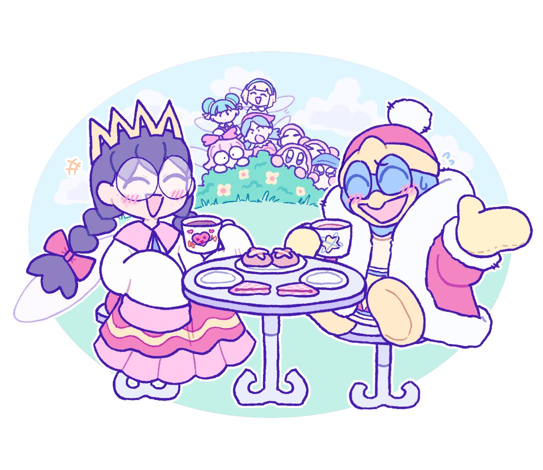 1boy 5girls bandana_waddle_dee black_hair blush braid bush chair commentary crown cup eavesdropping english_commentary fairy fairy_wings hat kcdoos king_dedede kirby_(series) kirby_64 long_hair multiple_girls open_mouth pastry plate ribbon_(kirby) ripple_star_queen robe sitting smile sweatdrop table tea tea_party twin_braids waddle_dee wings