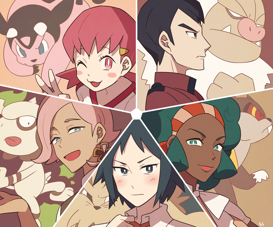 2girls 3boys akane_(pokemon) aloe_(pokemon) cheren_(pokemon) creature dog face fangs gen_2_pokemon gen_3_pokemon gen_5_pokemon green_eyes green_hair gym_leader hair_ornament horns ilima_(pokemon) lillipup looking_at_viewer miltank multiple_boys multiple_girls one_eye_closed pokemon pokemon_(creature) pokemon_(game) pokemon_bw pokemon_bw2 pokemon_hgss pokemon_oras pokemon_sm profile senri_(pokemon) signature slaking smeargle ssalbulre tied_hair tongue tongue_out trial_captain twintails watchog