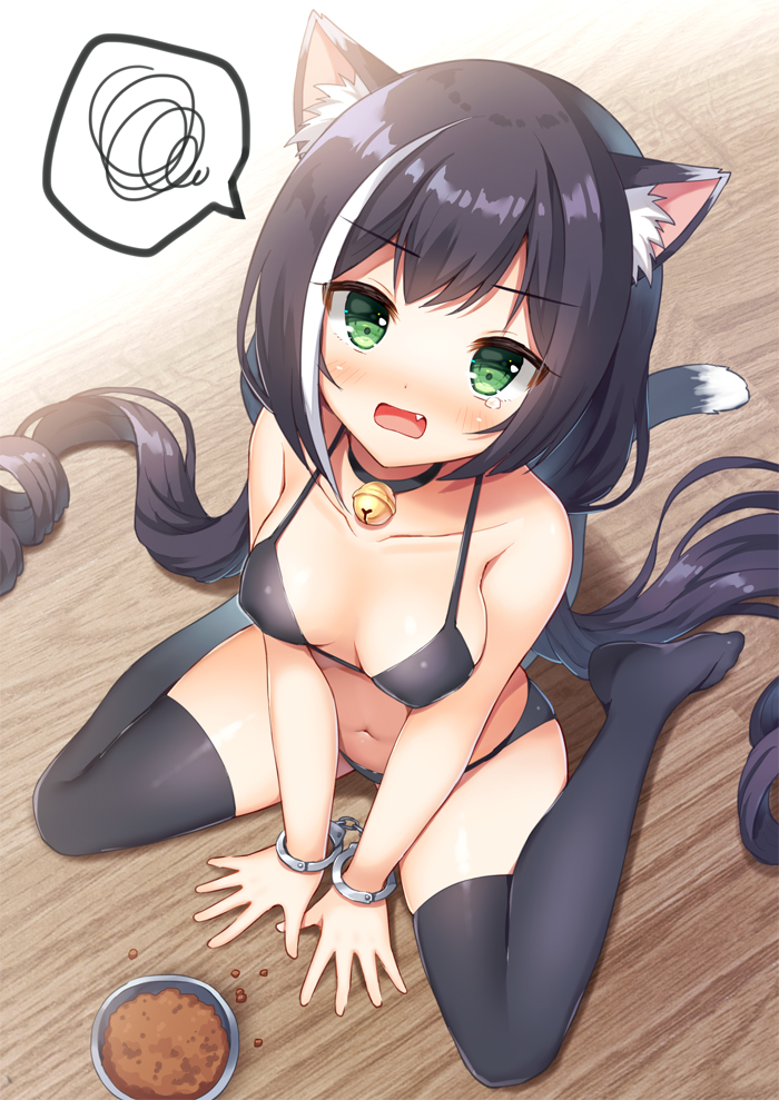 1girl animal_ear_fluff animal_ears bangs bare_arms bare_shoulders bell bell_choker between_legs black_bra black_choker black_hair black_legwear black_panties blush bowl bra breasts cat_ears cat_girl cat_tail choker collarbone commentary_request cuffs eyebrows_visible_through_hair fang from_above green_eyes hand_between_legs handcuffs jingle_bell kyaru_(princess_connect) long_hair looking_at_viewer looking_up low_twintails mauve medium_breasts multicolored_hair navel open_mouth panties pet_bowl princess_connect! princess_connect!_re:dive ringlets sitting solo spoken_squiggle squiggle streaked_hair tail tears thigh-highs twintails underwear very_long_hair wariza white_hair