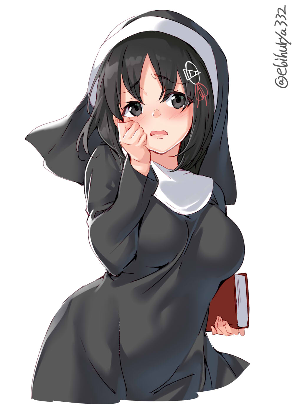 1girl alternate_costume black_eyes black_hair blush breasts cropped_legs ebifurya eyebrows_visible_through_hair eyes_visible_through_hair habit haguro_(kantai_collection) hair_ornament highres kantai_collection large_breasts long_sleeves nun open_mouth short_hair simple_background solo twitter_username white_background