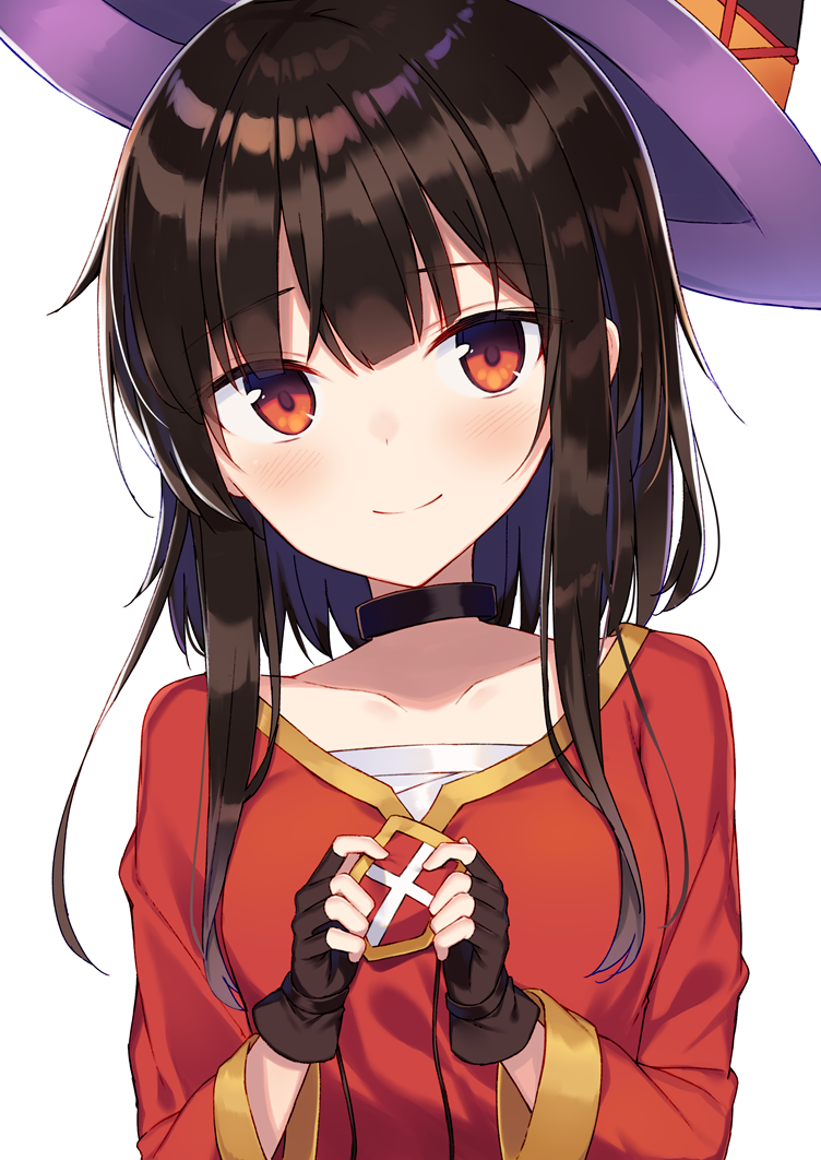 1girl bangs black_choker black_gloves black_hair blush choker closed_mouth collarbone commentary_request dress eyepatch eyepatch_removed fingerless_gloves gloves holding kono_subarashii_sekai_ni_shukufuku_wo! long_sleeves looking_at_viewer megumin purple_headwear red_dress red_eyes short_hair_with_long_locks sidelocks simple_background smile solo upper_body white_background yukarite