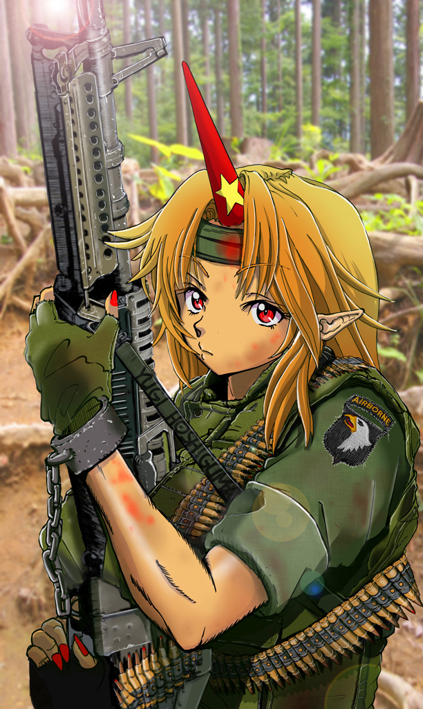 101st_airborne 1girl alternate_costume ammunition_belt blonde_hair blood blood_stain chain character_name commentary_request cuffs eyebrows_visible_through_hair fingerless_gloves fingernails forest gloves gun headband holding holding_gun holding_weapon horn hoshiguma_yuugi lens_flare m60 machine_gun military nail_polish nakamura_3sou nature outdoors patch photo_background pointy_ears red_eyes red_nails serious shackles sharp_fingernails short_sleeves sleeves_rolled_up solo star tan touhou tree upper_body vietnam_war weapon