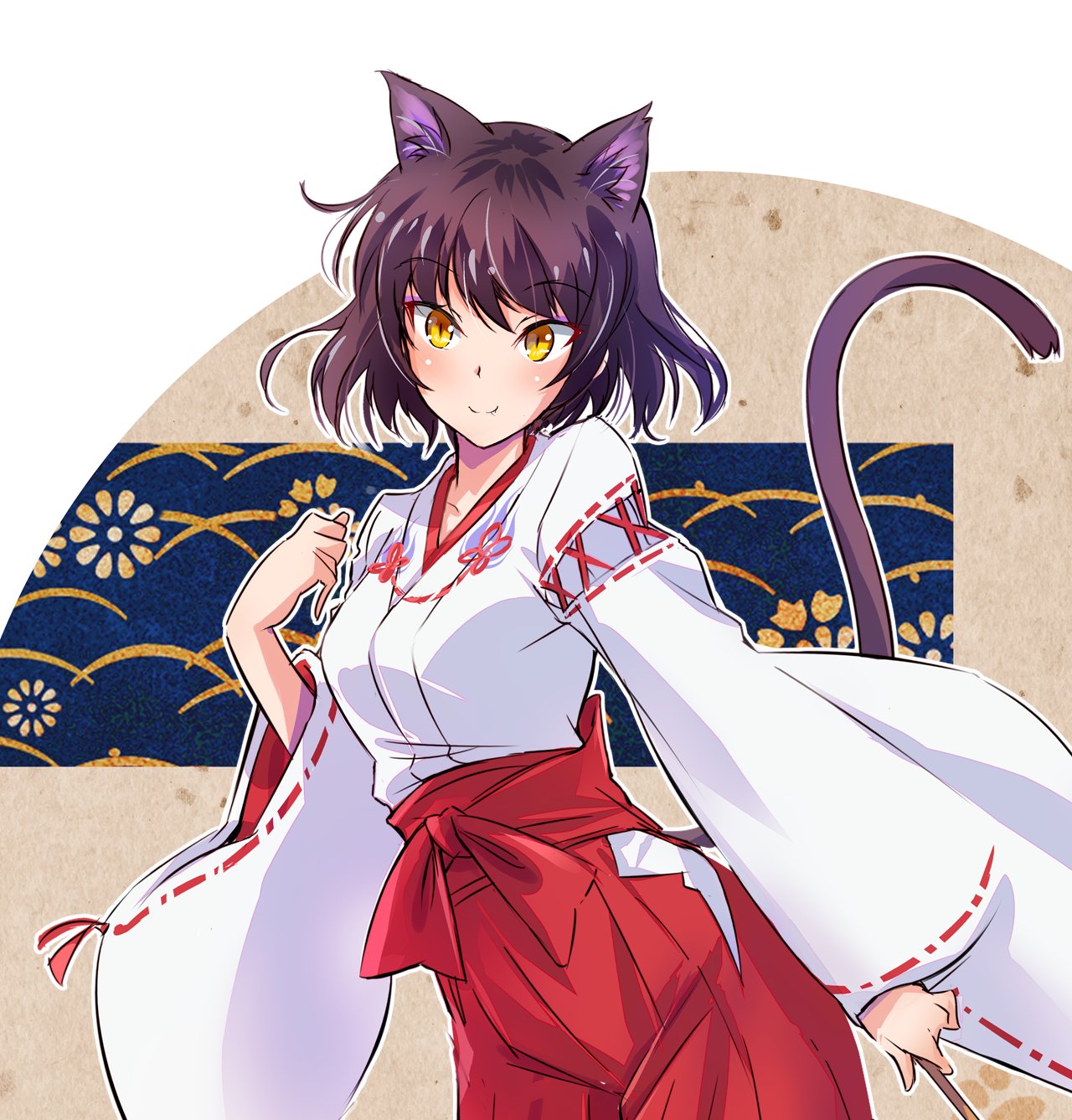 1girl animal_ears black_hair blake_belladonna cat_ears cat_girl cat_tail chihaya_(clothing) hakama hakama_pants highres hip_vent iesupa japanese_clothes miko rwby short_hair solo tail yellow_eyes