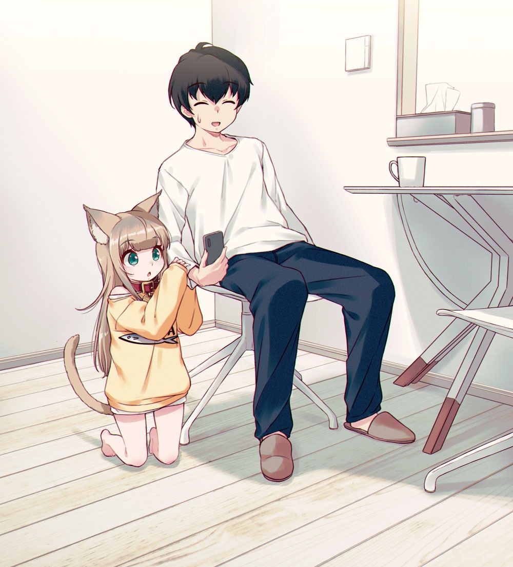 1boy 1girl 40hara animal_ear_fluff animal_ears bad_link bangs barefoot black_hair blonde_hair blunt_bangs cat_ears cat_girl cat_tail cellphone chair chestnut_mouth clothes_writing collar cup eyebrows_visible_through_hair green_eyes indoors kinako kinako_(40hara) kneeling long_hair looking_at_phone mug open_mouth original pet_collar phone red_collar shirt short_hair sitting slippers smartphone sweatdrop sweater table tail tissue_box white_shirt