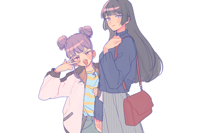 2girls :d alternate_hairstyle arm_holding bag bang_dream! bangs black_hair blue_shirt blue_sweater blush double_bun fang grey_skirt hand_on_own_chest jacket long_hair long_sleeves looking_at_viewer multiple_girls open_mouth polka_dot_skirt purple_hair red_eyes res2shuu shirokane_rinko shirt shoulder_bag sidelocks simple_background skirt smile striped striped_shirt sweater udagawa_ako unmoving_pattern v-shaped_eyebrows violet_eyes w_over_eye white_background