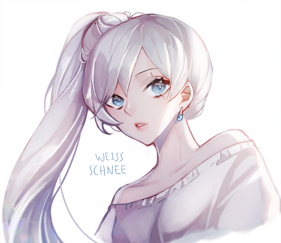 1girl blue_eyes character_name collarbone earrings ecru floating_hair jewelry long_hair looking_at_viewer off-shoulder_shirt off_shoulder parted_lips portrait rwby scar scar_across_eye shirt side_ponytail silver_hair simple_background solo very_long_hair weiss_schnee white_background white_shirt