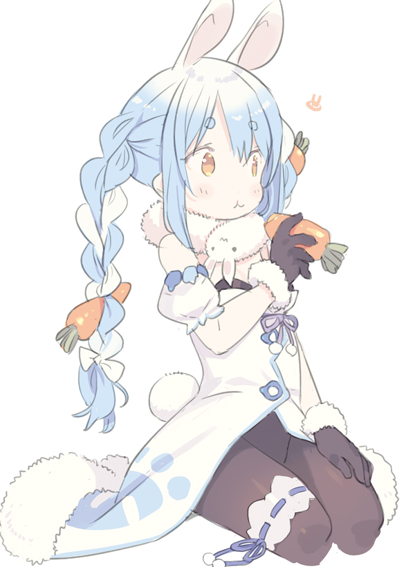 1girl :t animal_ears bangs black_gloves black_leotard blade_(galaxist) blue_hair braid brown_eyes brown_legwear bunny_girl bunny_tail carrot carrot_hair_ornament closed_mouth commentary_request detached_sleeves dress eating eyebrows_visible_through_hair food food_themed_hair_ornament fur-trimmed_dress fur-trimmed_gloves fur_trim gloves hair_ornament hand_on_own_thigh holding holding_food hololive leotard leotard_under_clothes long_hair looking_away multicolored_hair pantyhose puffy_short_sleeves puffy_sleeves rabbit_ears short_eyebrows short_sleeves simple_background sitting solo strapless strapless_dress strapless_leotard tail thick_eyebrows twin_braids twintails two-tone_hair usada_pekora very_long_hair virtual_youtuber white_background white_dress white_hair white_sleeves