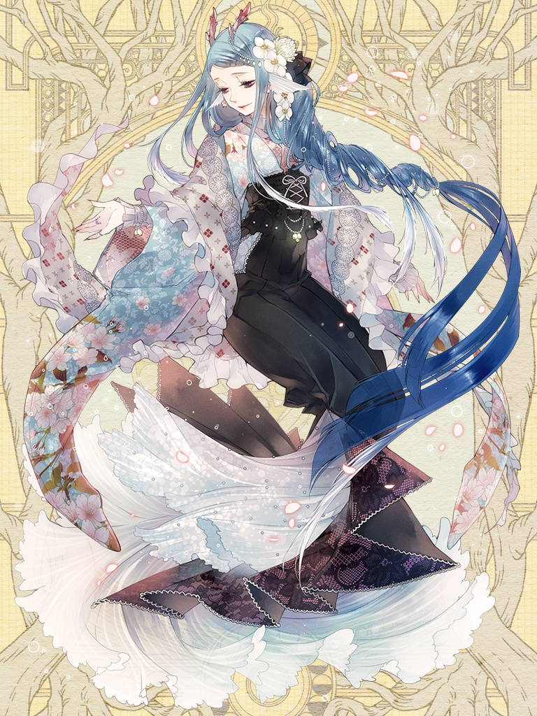 1girl black_dress blue_hair commission dairoku_youhei dress flower full_body hair_flower hair_ornament hand_up horns invisible_chair jewelry long_hair low-tied_long_hair no_nm_00 ring simple_background sitting solo very_long_hair wide_sleeves yellow_background