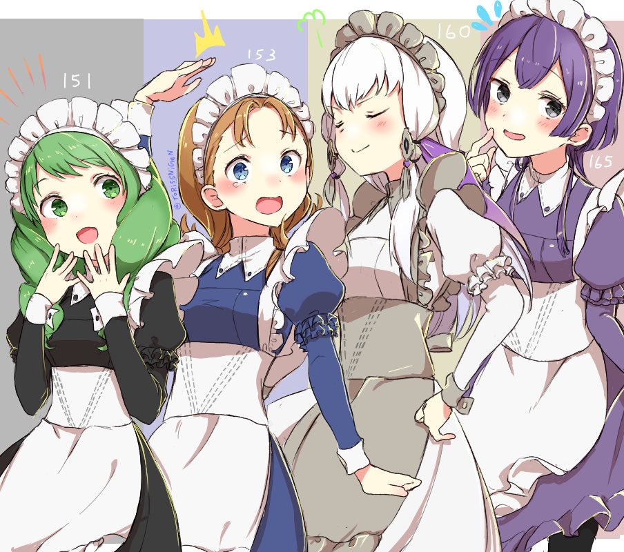 4girls annette_fantine_dominic bernadetta_von_varley blue_eyes breasts closed_eyes closed_mouth fire_emblem fire_emblem:_three_houses flayn_(fire_emblem) green_eyes green_hair grey_eyes hair_ornament height_conscious height_difference long_hair long_sleeves lysithea_von_ordelia maid maid_headdress multiple_girls open_mouth orange_hair purple_hair simple_background small_breasts smile tearing_up tori55nigen twitter_username white_hair