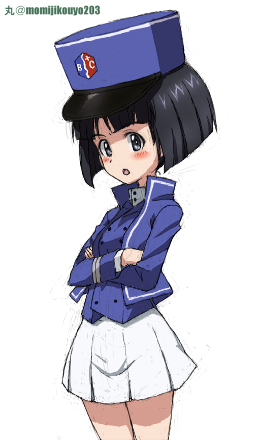 1girl alternate_costume artist_name bc_freedom_(emblem) bc_freedom_military_uniform blue_headwear blue_jacket blue_vest blush commentary_request cowboy_shot crossed_arms dress_shirt emblem frown girls_und_panzer hat high_collar jacket kayabakoro kepi long_sleeves looking_at_viewer military military_hat military_uniform miniskirt open_mouth pleated_skirt shirt simple_background sketch skirt solo sono_midoriko standing twitter_username uniform vest white_background white_shirt white_skirt