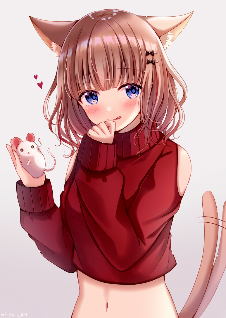 /\/\/\ 1girl :q afterimage animal animal_ears bangs black_bow blue_eyes blush bow brown_hair cat_ears cat_girl cat_tail closed_mouth commentary_request eyebrows_visible_through_hair grey_background hair_bow hair_ornament hairclip hands_up heart holding holding_animal long_sleeves looking_at_viewer mouse navel original red_sweater sakura_hiyori shoulder_cutout simple_background sleeves_past_wrists smile solo sweater tail tail_wagging tongue tongue_out upper_body