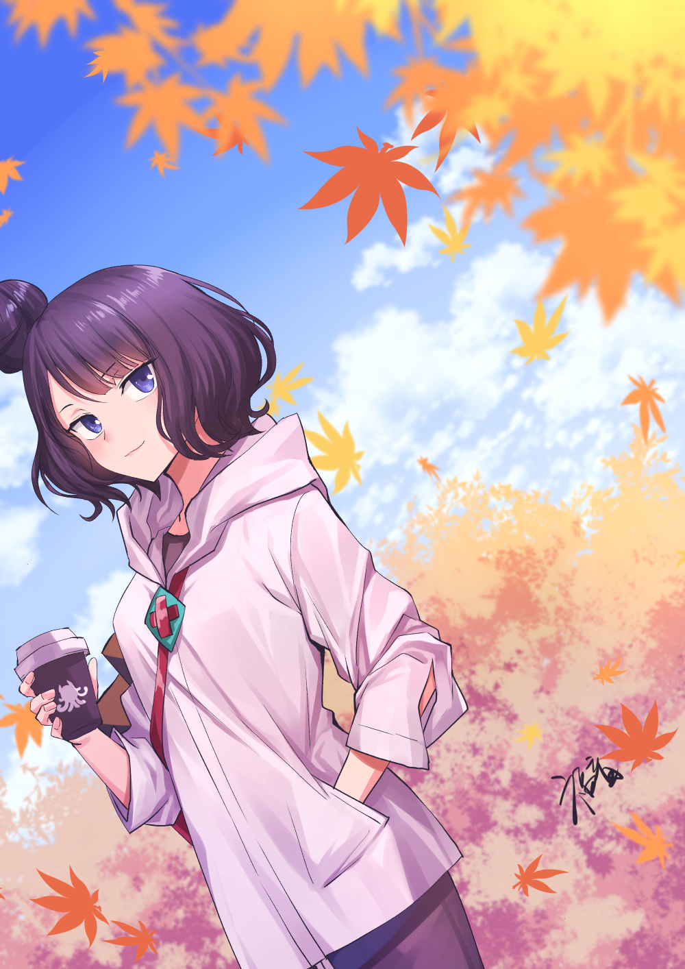 1girl autumn bag bangs blue_eyes blue_sky blush breasts closed_mouth coffee_cup commentary_request cup disposable_cup fate/grand_order fate_(series) gogatsu_fukuin hair_bun hand_in_pocket highres hood hooded_jacket jacket katsushika_hokusai_(fate/grand_order) leaf long_sleeves looking_at_viewer maple_leaf medium_breasts partial_commentary purple_hair short_hair shoulder_bag sky smile solo swept_bangs white_jacket