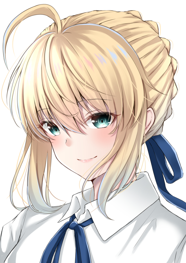 1girl ahoge aqua_eyes artoria_pendragon_(all) bangs blonde_hair blue_neckwear blue_ribbon blush clouds collared_shirt commentary_request eyebrows_visible_through_hair fate/stay_night fate_(series) hair_between_eyes hair_ribbon looking_at_viewer nakaji_(user_snap3353) neck_ribbon pink_lips portrait ribbon saber shirt short_hair sidelocks smile solo white_shirt