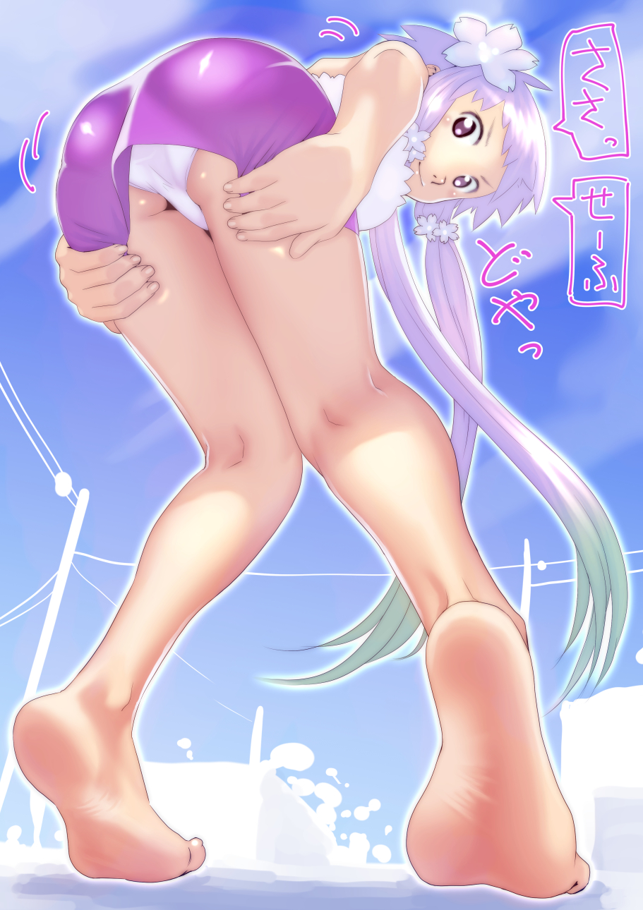 1girl ass barefoot closed_mouth commentary_request dress hair_ornament highres long_hair looking_at_viewer panties purple_hair short_hair_with_long_locks smile soles solo soon thighs twintails underwear violet_eyes vocaloid yuzuki_yukari