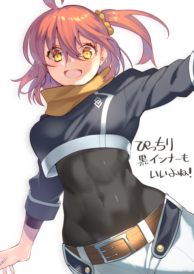 1girl bangs belt black_bodysuit bodysuit breasts brown_belt clothing_request commentary_request covered_navel eyebrows_visible_through_hair fate/grand_order fate_(series) fujimaru_ritsuka_(female) hair_ornament hair_scrunchie large_breasts looking_at_viewer medium_hair orange_hair orange_scrunchie pants rkp scrunchie side_ponytail simple_background smile solo translation_request white_background white_pants