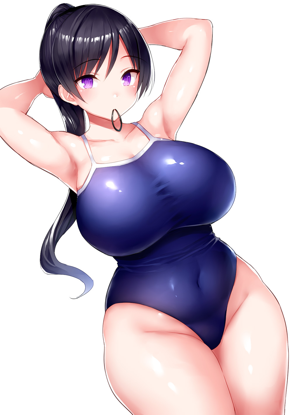 1girl armpits arms_up bangs black_hair blue_swimsuit breasts character_request copyright_request covered_navel cowboy_shot eyebrows_visible_through_hair hair_tie_in_mouth highres huge_breasts long_hair mouth_hold one-piece_swimsuit ponytail simple_background solo standing swimsuit tsukumiya_amane violet_eyes white_background wide_hips