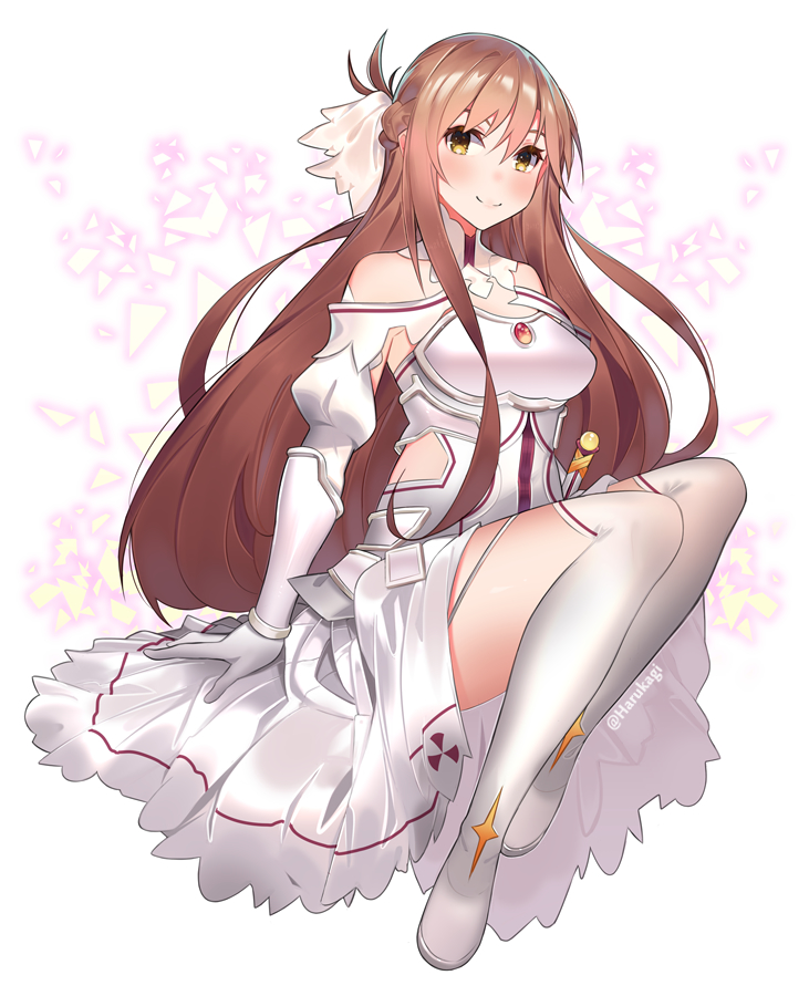 1girl artist_name asuna_(sao) bangs bare_shoulders blush breasts brown_eyes brown_hair commentary_request dress gloves harukagi long_hair long_sleeves looking_at_viewer smile solo sword_art_online thigh-highs white_dress white_gloves white_legwear