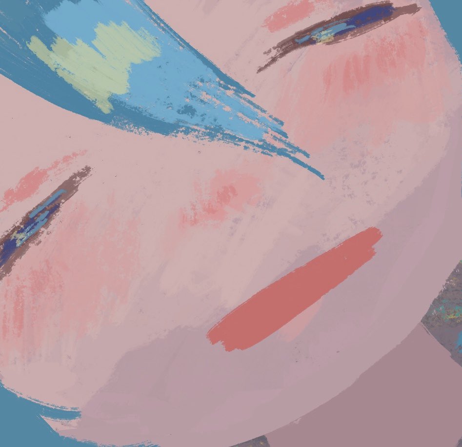 1girl aqua_hair bangs blush close-up closed_eyes commentary english_commentary face facing_viewer faux_traditional_media hair_between_eyes hatsune_miku moko39_takasora open_mouth solo vocaloid