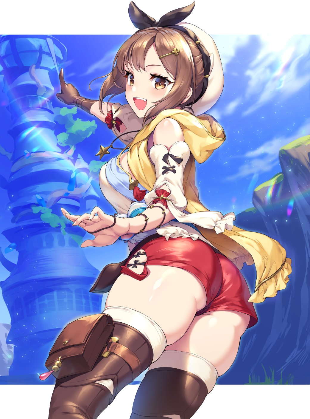 1girl :d ass atelier_(series) atelier_ryza bare_shoulders black_hairband brown_eyes brown_gloves brown_hair gloves gomashio_ponz hairband highres hooded_vest index_finger_raised jewelry leather leather_belt leather_gloves necklace open_mouth pointing red_shorts reisalin_stout short_hair short_shorts shorts skindentation smile star star_necklace thigh-highs thigh_pouch thighs vest white_headwear white_legwear yellow_vest