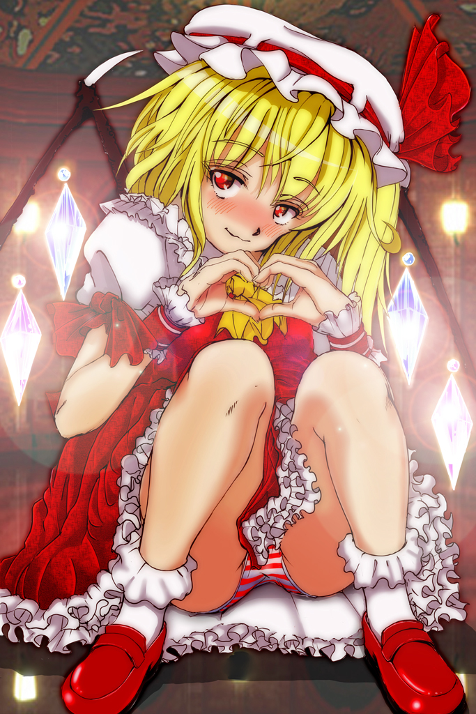 1girl blonde_hair blush commentary_request eyebrows_visible_through_hair flandre_scarlet frilled_skirt frills hat hat_ribbon heart heart_hands looking_at_viewer mob_cap nakamura_3sou panties pantyshot pantyshot_(sitting) red_eyes red_footwear ribbon shoes short_sleeves sitting skirt socks solo striped striped_panties touhou underwear wings wrist_cuffs
