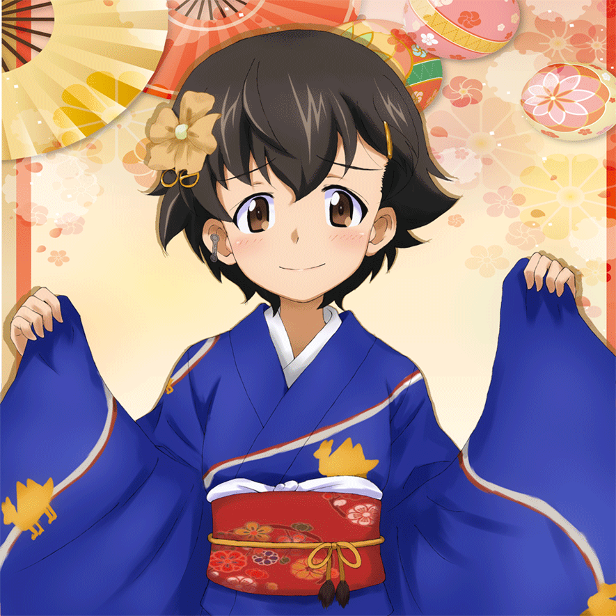1girl alternate_costume bangs blue_kimono brown_eyes brown_hair closed_mouth commentary earrings floral_background floral_print flower girls_und_panzer hair_flower hair_ornament hairclip japanese_clothes jewelry kayabakoro kimono light_blush long_sleeves looking_at_viewer nakajima_(girls_und_panzer) obi orange_flower sash short_hair smile solo upper_body w_arms wide_sleeves