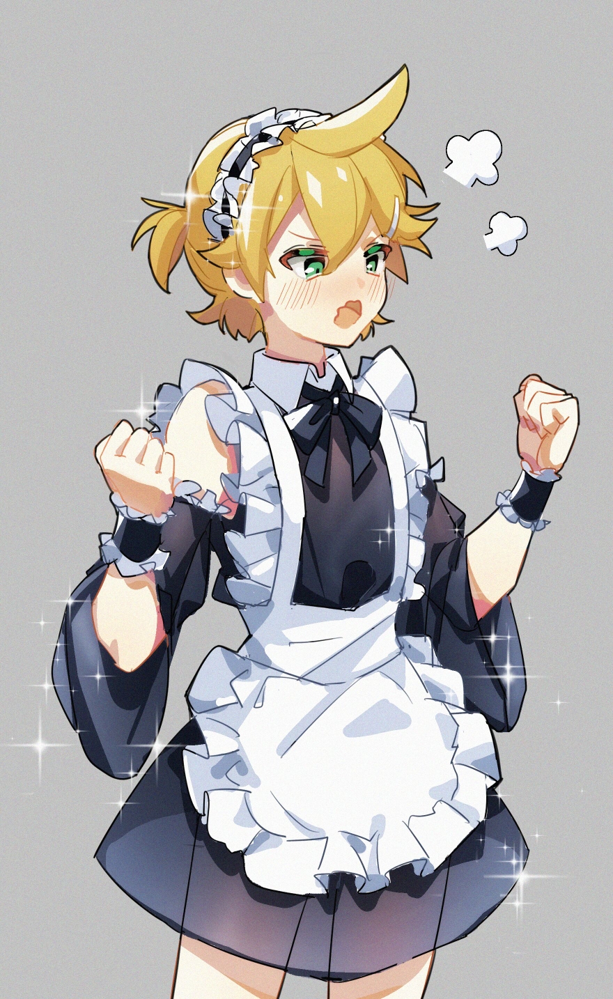 1boy =3 alternate_costume apron bare_shoulders black_dress blonde_hair blush chi_ya clenched_hands commentary crossdressinging dress enmaided frilled_apron frills green_eyes grey_background hands_up highres kagamine_len maid maid_apron maid_dress maid_headdress male_focus off-shoulder_dress off_shoulder open_mouth see-through see-through_skirt short_ponytail skirt sparkle spiky_hair v-shaped_eyebrows vocaloid wrist_cuffs