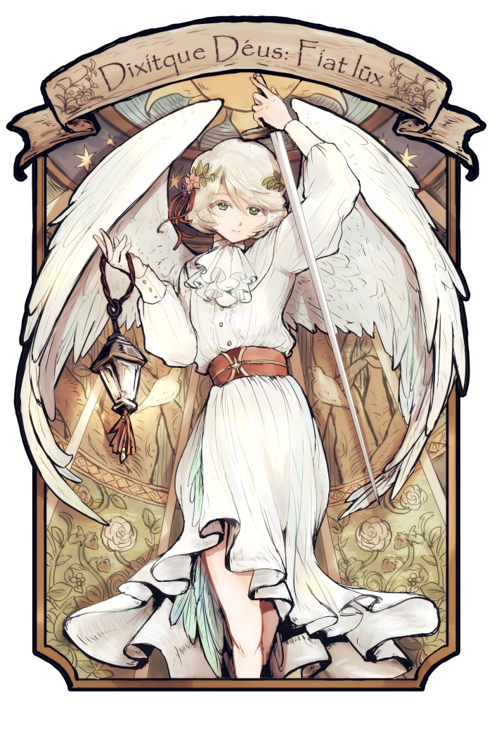 androgynous angel angel_wings bird blonde_hair dove dress feet_out_of_frame flower holding holding_lantern holding_sword holding_weapon itsukazu lantern latin_text long_sleeves looking_at_viewer original pink_flower platinum_blonde_hair short_hair solo sword weapon white_bird white_dress wings