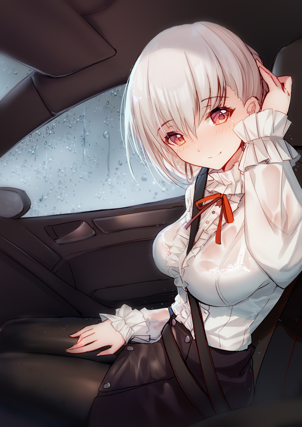 1girl albino bangs between_breasts bison_cangshu black_legwear black_skirt blush bra bra_through_clothes breasts brown_legwear car_interior center_frills closed_mouth eyebrows_visible_through_hair frilled_shirt frills girls_frontline hair_between_eyes hand_on_own_thigh hand_up highres large_breasts long_sleeves looking_at_viewer miniskirt neck_ribbon pantyhose pencil_skirt rain red_eyes red_neckwear red_ribbon revision ribbon rmb-93_(girls_frontline) seatbelt see-through shirt short_hair silver_hair sitting skirt smile solo underwear vehicle_interior water wet wet_clothes wet_shirt white_bra white_shirt