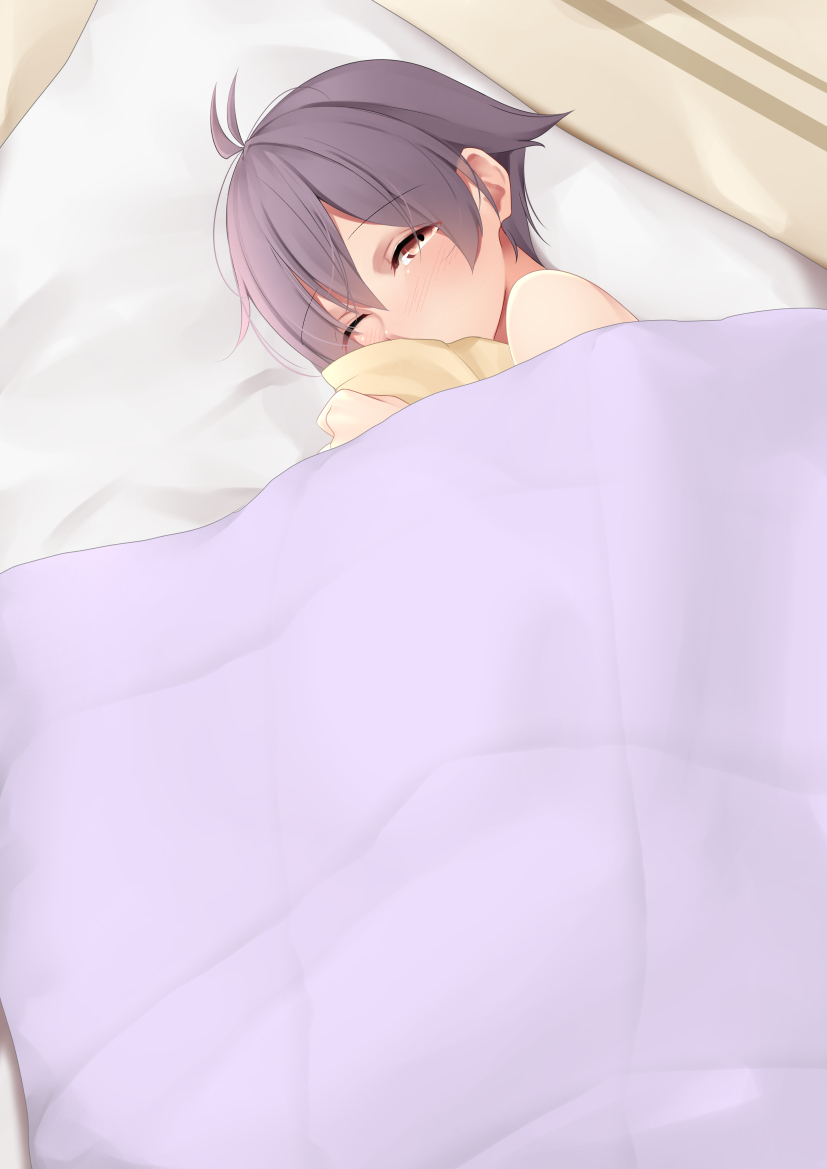 1girl bedroom blanket eyebrows_visible_through_hair hair_between_eyes kantai_collection lying ne_an_ito on_side one_eye_closed pillow purple_hair sakawa_(kantai_collection) short_hair solo yellow_eyes