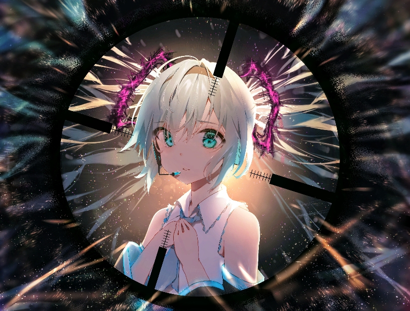 1girl aqua_eyes aqua_hair aqua_neckwear backlighting bare_shoulders black_background black_sleeves blurry_foreground commentary crosshair detached_sleeves expressionless floating_hair hair_intakes hair_ornament hands_on_own_chest hands_together hatsune_miku headphones headset hibana_(vocaloid) iftuoma light_particles long_hair looking_at_viewer necktie parted_lips shirt sleeveless sleeveless_shirt solo twintails upper_body very_long_hair vocaloid white_shirt