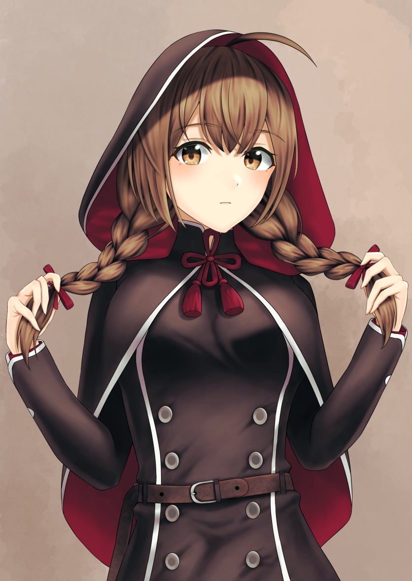 1girl ahoge belt black_capelet black_hoodie black_jacket braid brown_belt brown_eyes brown_hair capelet closed_mouth grey_background hood hood_up jacket kantai_collection long_hair long_sleeves looking_at_viewer mugiaki neck_ribbon red_ribbon ribbon shinshuu_maru_(kantai_collection) simple_background solo standing twin_braids twintails upper_body