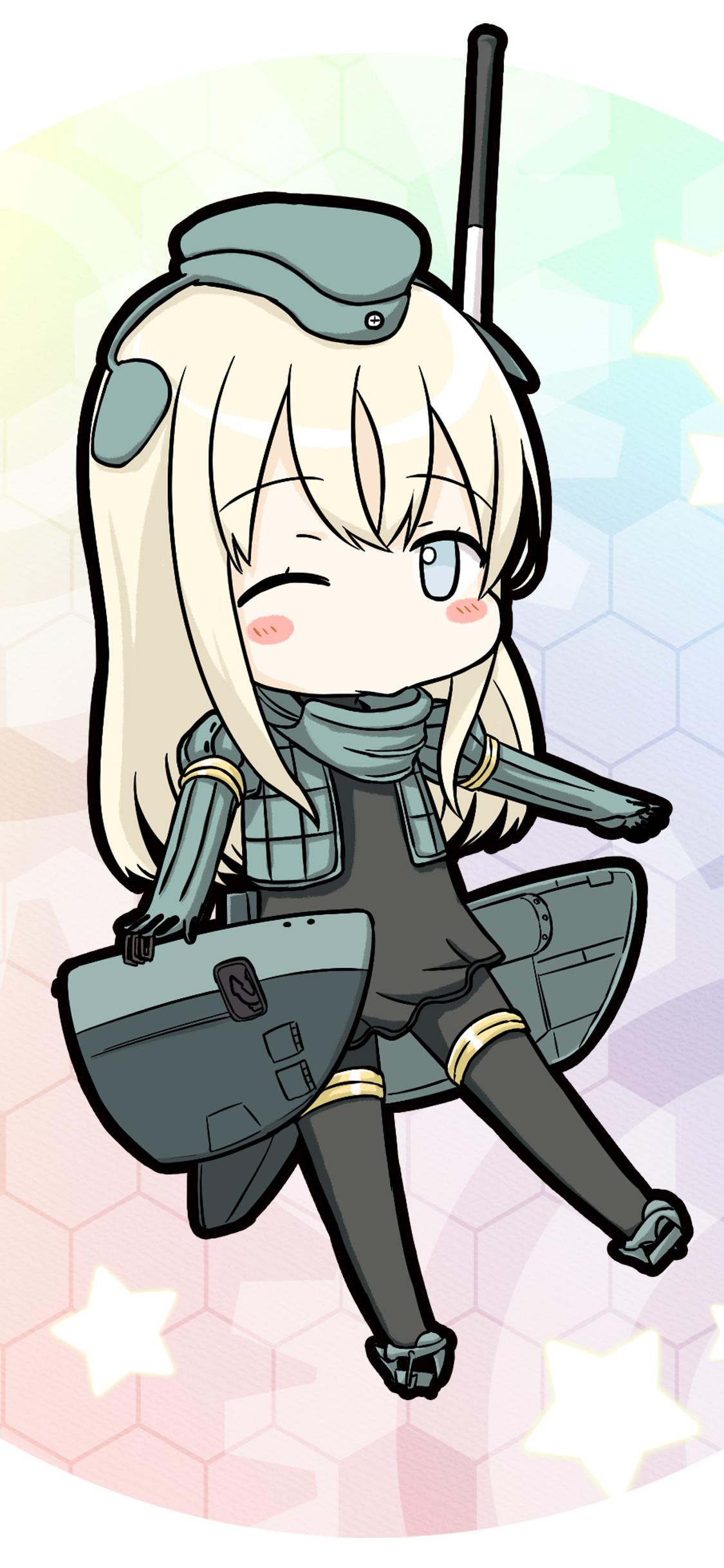 1girl absurdres blonde_hair blue_eyes blush chibi commentary cropped_jacket engiyoshi eyebrows_visible_through_hair full_body garrison_cap hair_ornament hat headgear highres kantai_collection long_hair long_sleeves looking_at_viewer military military_uniform one_eye_closed puffy_sleeves rigging rudder_footwear simple_background smile solo swimsuit u-511_(kantai_collection) uniform