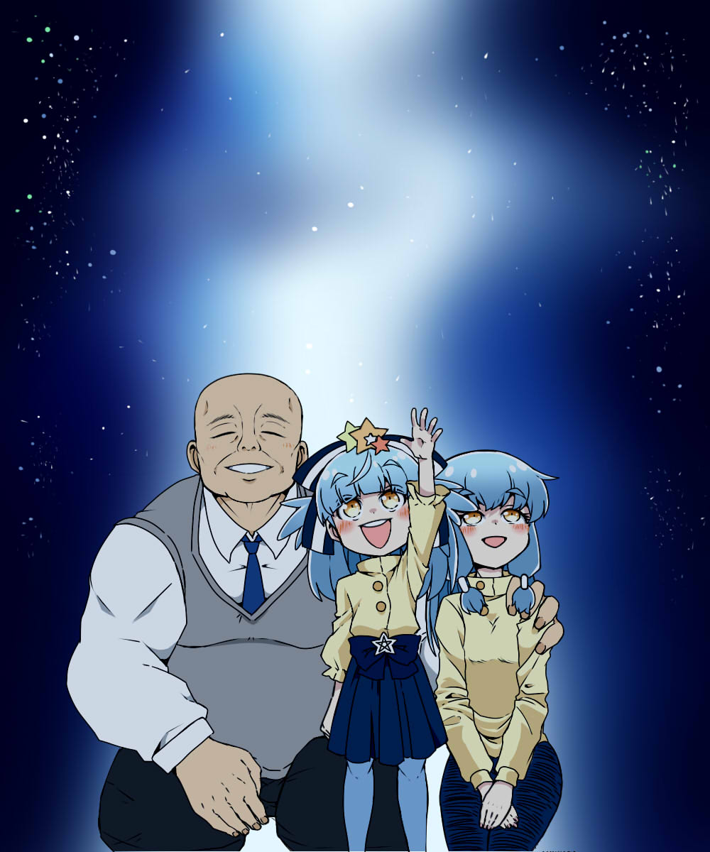 bald blue_hair bow closed_eyes family gou_takeo hachiman_(douno) hair_bow hair_ornament hand_on_another's_shoulder highres hoshikawa_lily long_hair looking_up low-tied_long_hair pantyhose parent_and_child reaching_out skirt star star_hair_ornament yellow_eyes zombie_land_saga