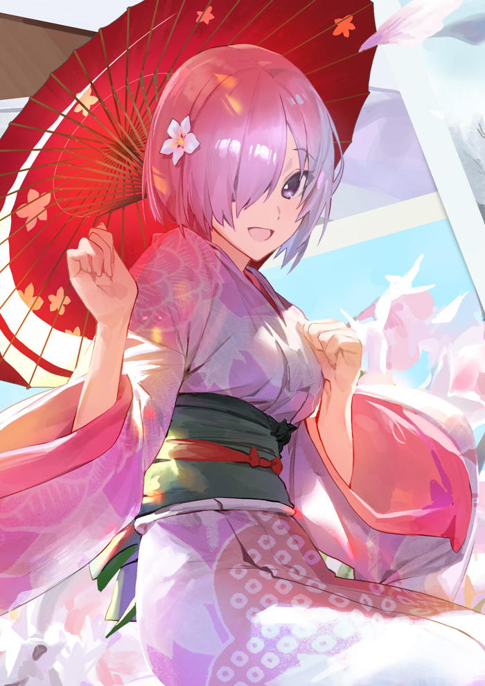 1girl :d eyebrows_visible_through_hair fate/grand_order fate_(series) hair_over_one_eye holding holding_umbrella japanese_clothes kimono long_sleeves looking_at_viewer mash_kyrielight mossi obi open_mouth oriental_umbrella pink_hair pink_kimono print_kimono red_umbrella sash shiny shiny_hair short_hair smile solo umbrella violet_eyes wide_sleeves yukata