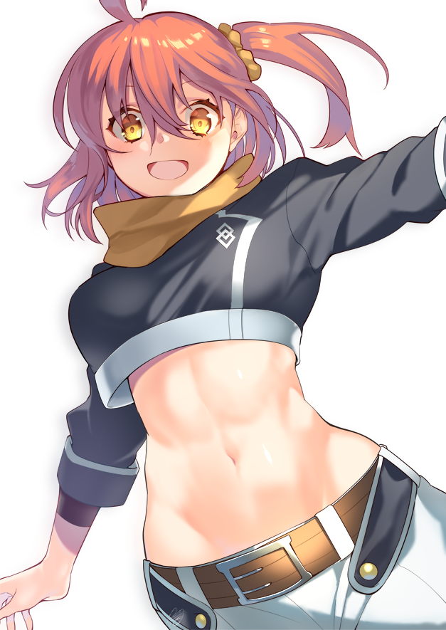 1girl bangs belt breasts brown_belt clothing_request commentary_request eyebrows_visible_through_hair fate/grand_order fate_(series) fujimaru_ritsuka_(female) hair_ornament hair_scrunchie large_breasts looking_at_viewer medium_hair midriff navel orange_hair orange_scrunchie pants rkp scrunchie side_ponytail simple_background smile solo white_background white_pants