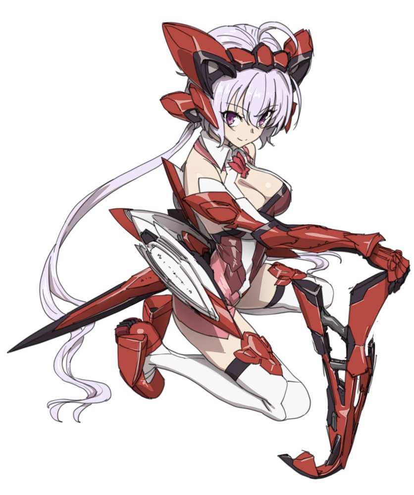 1girl ahoge bangs boots breasts cleavage_cutout closed_mouth commentary_request full_body gauntlets gloves gun headgear holding holding_gun holding_weapon ikezawa_shin kneeling large_breasts lavender_hair leotard long_hair looking_at_viewer magical_girl red_gloves red_leotard senki_zesshou_symphogear simple_background smile solo thigh-highs thigh_boots twintails very_long_hair violet_eyes weapon white_background white_footwear yukine_chris