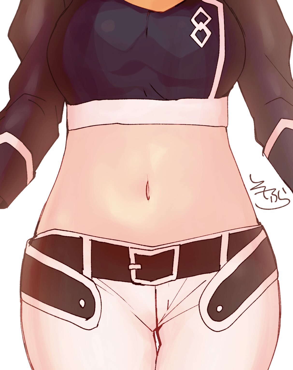 1girl belt belt_buckle black_belt black_shirt breasts buckle crop_top fate/grand_order fate_(series) fujimaru_ritsuka_(female) head_out_of_frame highres long_sleeves medium_breasts midriff navel pants shirt signature simple_background sofra solo stomach thigh_gap white_background white_pants