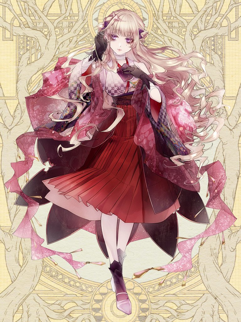 1girl black_gloves blonde_hair book commission dairoku_youhei dress full_body gloves hand_up long_hair open_book pale_skin red_dress simple_background solo very_long_hair violet_eyes wide_sleeves yellow_background