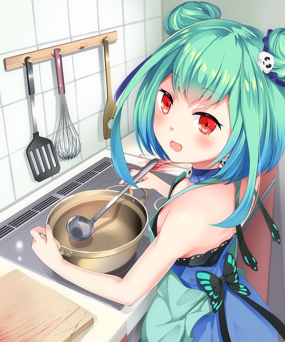 1girl apron blood blush commentary_request cooking cutting_board double_bun green_hair hair_ornament highres hololive kitchen looking_at_viewer open_mouth pot red_eyes sch short_hair solo uruha_rushia