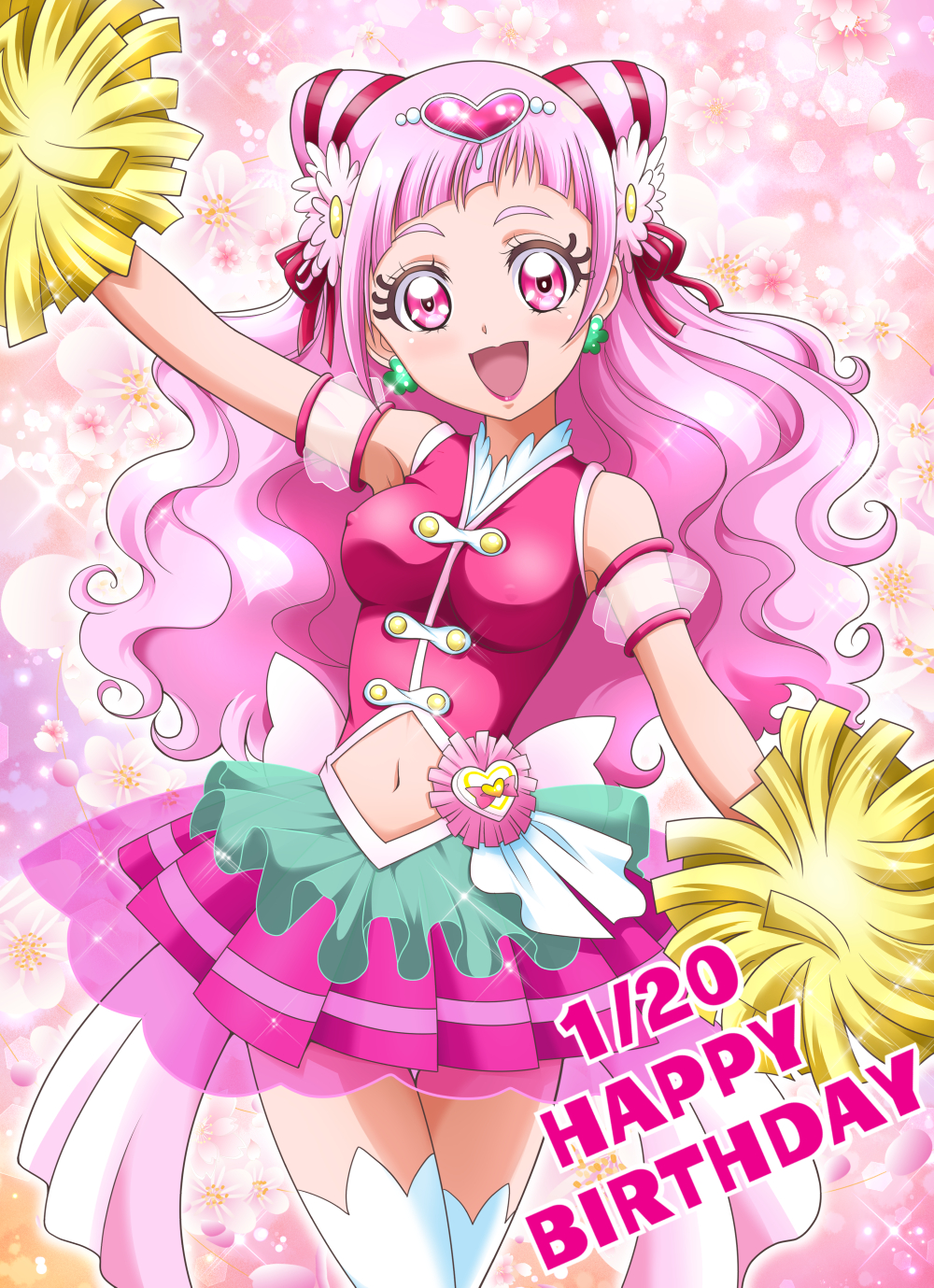 1girl :d bangs blush breasts covered_nipples cowboy_shot crop_top cure_yell earrings floating_hair flower hair_flower hair_ornament hair_ribbon hanzou happy_birthday heart heart_hair_ornament highres hugtto!_precure jewelry layered_skirt lipstick long_hair looking_at_viewer makeup medium_breasts midriff miniskirt navel open_mouth pink_eyes pink_flower pink_hair pink_skirt pleated_skirt pom_poms precure red_lipstick red_ribbon ribbon see-through shiny shiny_hair skirt smile solo standing stomach thigh-highs very_long_hair white_legwear