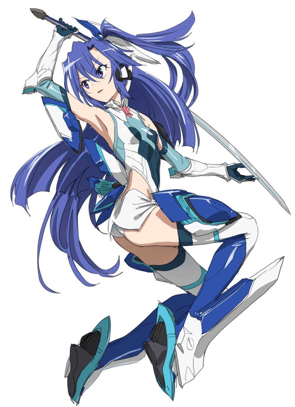 1girl bangs blue_eyes blue_hair blue_legwear boots commentary_request elbow_gloves floating full_body gloves greaves headgear highres holding holding_sword holding_weapon ikezawa_shin kazanari_tsubasa leotard long_hair looking_to_the_side magical_girl one_side_up parted_lips senki_zesshou_symphogear side_cutout simple_background solo sword thigh-highs thigh_boots very_long_hair weapon white_background white_gloves white_leotard
