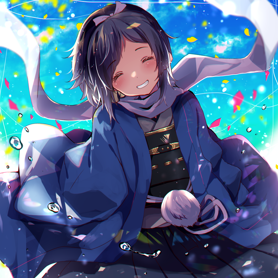 1boy ^_^ black_hair blue_sky blush bow closed_eyes grin hair_bow hakama haori head_tilt japanese_clothes male_focus mole mole_under_eye petals pom_pom_(clothes) ponytail scarf shinsengumi sky smile touken_ranbu uguisu_mochi_(ykss35) white_scarf yamato-no-kami_yasusada