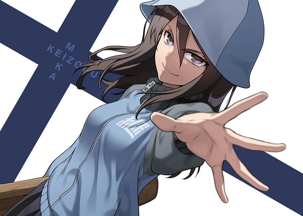 1girl blue_headwear blue_jacket blue_skirt blurry blurry_foreground brown_eyes brown_hair character_name closed_mouth commentary depth_of_field dutch_angle emblem finnish_flag flag_background foreshortening girls_und_panzer hat holding holding_instrument instrument jacket kantele keizoku_military_uniform long_hair long_sleeves looking_at_viewer mika_(girls_und_panzer) military military_uniform pairan pleated_skirt raglan_sleeves reaching_out romaji_text skirt smile smirk solo standing track_jacket uniform v-shaped_eyebrows zipper